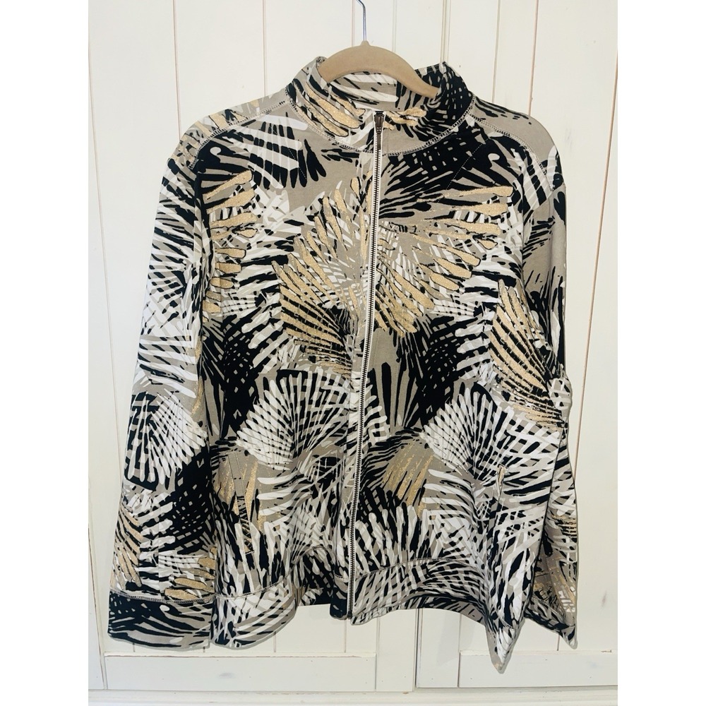 Women's Chico's Attitude Print Jacket Size 3 Black Gold White Palms Zipper